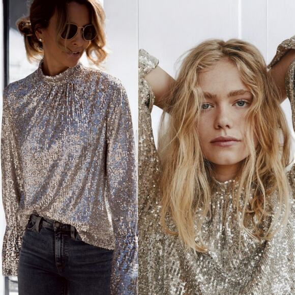 Zadig & Voltaire Tops - Zadig & Voltaire Tummy Silver Sequined High Neck Long Sleeve Top XS NWT